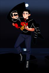 Rule 34 | 2boys, black hair, blue eyes, cape, carrying, dc comics, denim, domino mask, flying, gloves, jeans, male focus, mask, moon, multiple boys, night, ocean, pants, robin (dc), superboy, tim drake, young justice, young justice: invasion