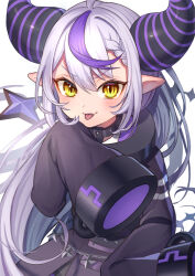 Rule 34 | 1girl, ahoge, black horns, braid, braided bangs, collar, fang, grey hair, highres, hololive, horns, imahuku, la+ darknesss, la+ darknesss (1st costume), long hair, looking at viewer, metal collar, multicolored hair, pointy ears, purple hair, skin fang, sleeves past fingers, sleeves past wrists, slit pupils, smile, solo, streaked hair, striped horns, tongue, tongue out, virtual youtuber, yellow eyes