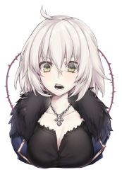 Rule 34 | 1girl, absurdres, blue coat, breasts, cleavage, coat, collarbone, colored skin, eyebrows, eyelashes, facing viewer, fangs, fate/grand order, fate (series), fur collar, hair between eyes, highres, jeanne d&#039;arc (fate), jeanne d&#039;arc alter (fate), jeanne d&#039;arc alter (ver. shinjuku 1999) (fate), jewelry, looking at viewer, medium breasts, necklace, official alternate costume, open clothes, open coat, open mouth, plant, short hair, solo, teeth, thorns, upper body, vines, white hair, white skin, yellow eyes, yutazou