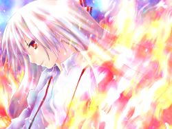 Rule 34 | 1girl, bow, collared shirt, evil smile, female focus, fire, fire, from side, fujiwara no mokou, hair bow, long hair, looking down, profile, red eyes, shirt, smile, solo, suspenders, touhou, upper body, very long hair, white bow, white shirt