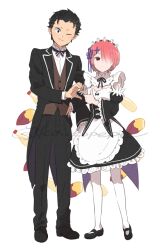 1boy 1girl black_dress black_footwear black_hair black_pants black_shirt butler dress hair_ornament hair_over_one_eye hand_on_own_hip heart_hands_failure kinokopepe looking_at_viewer maid natsuki_subaru one_eye_closed pants pantyhose pink_hair ram_(re:zero) re:zero_kara_hajimeru_isekai_seikatsu red_eyes roswaal_mansion_maid_uniform shirt short_hair smile white_pantyhose x_hair_ornament