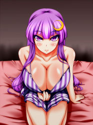 Rule 34 | 1girl, bed, blunt bangs, blush, breasts, cleavage, clothes pull, collarbone, colored eyelashes, come hither, crescent, crescent hair ornament, dress, dress pull, hair ornament, highres, huge breasts, indoors, lips, long hair, looking at viewer, parmiria, patchouli knowledge, purple eyes, purple hair, seiza, shiny skin, short dress, sidelocks, sitting, solo, striped clothes, striped dress, thighs, touhou, very long hair