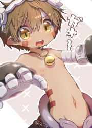 Rule 34 | 1boy, android, bandam, bell, brown eyes, brown hair, cape, collarbone, damaged, facial mark, facial tattoo, green shorts, groin, hair between eyes, highres, jewelry, light blush, looking at viewer, made in abyss, male focus, mechanical arms, mechanical hands, metal hairband, multicolored clothes, multicolored shorts, navel, necklace, nipples, open mouth, pants, pointy ears, purple shorts, red cape, reflection, reflective surface, regu (made in abyss), robot, shorts, simple background, slit pupils, solo, standing, tattoo, teeth, topless male, translation request, two-tone pants, upper body, upper teeth only, white background, x, yellow eyes