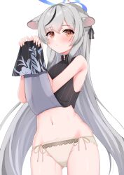 Rule 34 | 1girl, absurdres, black dress, blue archive, blush, china dress, chinese clothes, closed mouth, clothes lift, cowboy shot, dress, dress lift, grey hair, groin, hair between eyes, highres, kokona (blue archive), lifted by self, long hair, looking at viewer, navel, orange eyes, panties, simple background, solo, striped clothes, striped dress, underwear, uro kohara, vertical-striped clothes, vertical-striped dress, white background, white panties