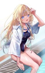 Rule 34 | 1girl, :d, adjusting hair, aizawa ema, bare legs, black one-piece swimsuit, blonde hair, blue eyes, blue hair, breasts, collarbone, collared shirt, competition swimsuit, covered navel, dress shirt, floating hair, gradient hair, highres, indoors, medium breasts, multicolored hair, one-piece swimsuit, open clothes, open mouth, open shirt, pome charo, poolside, shirt, short sleeves, sitting, smile, solo, swimsuit, virtual youtuber, vspo!, wet, wet hair, white background, white shirt, wing collar