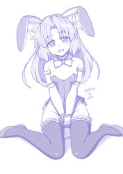 Rule 34 | 1girl, :d, animal ears, armband, artist name, blush, bow, bowtie, covered navel, dated, detached collar, fake animal ears, full body, hair intakes, high heels, highleg, highleg leotard, leotard, long hair, looking at viewer, monochrome, open mouth, parted bangs, playboy bunny, purple theme, rabbit ears, rabbit girl, senki zesshou symphogear, serena cadenzavna eve, sitting, smile, solo, thighhighs, wariza, wrist cuffs, zetsumu