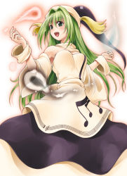 Rule 34 | 1girl, bare shoulders, breasts, detached sleeves, dress, fechirin, female focus, gradient background, green eyes, green hair, hat, highres, layla prismriver, long hair, matching hair/eyes, musical note, solo, touhou, white background
