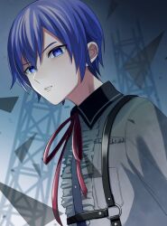 Rule 34 | 1boy, 25-ji kaito, 25-ji nightcord de. (project sekai), blue eyes, blue hair, collared shirt, commentary, dark blue hair, harness, highres, kaito (vocaloid), looking at viewer, male focus, neck ribbon, project sekai, red ribbon, ribbon, shirt, short hair, solo, triangle, upper body, yk62