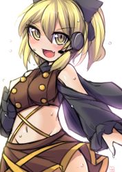 Rule 34 | &gt;:d, 1girl, :d, adapted costume, bare shoulders, blonde hair, blush, bow, breasts, bustier, dancing, fang, fun bo, groin, hair bow, hair ribbon, headset, idol, kurodani yamame, large bow, long sleeves, looking at viewer, microphone, midriff, miniskirt, open mouth, ponytail, ribbon, ringed eyes, skirt, smile, solo, sweat, touhou, tsurime, v-shaped eyebrows, yellow eyes