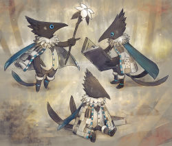 Rule 34 | bad id, bad pixiv id, bird, black bird, black eyes, black footwear, blue cape, blue sclera, book, bookmark, boots, cape, cloak, colored sclera, feather tails, flower, fur-trimmed boots, fur trim, grey cloak, holding, holding book, holding staff, ka92, multiple tails, no humans, open book, original, patchwork clothes, reading, sitting, sleeping, staff, standing, tail, two tails, white flower