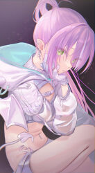 Rule 34 | 1girl, absurdres, bandeau, belt, chest belt, cross, cross earrings, demon girl, demon tail, demon wings, ear piercing, earrings, from side, gloves, green eyes, hand on own chin, highres, hip tattoo, hololive, hooded shrug, jewelry, long hair, long sleeves, looking at viewer, melting tail, micro shorts, midriff, multicolored hair, navel, navel piercing, piercing, pink hair, pointy ears, ponytail, purple hair, ribbed bandeau, rryiup, see-through, see-through sleeves, shorts, sitting, solo, stomach, streaked hair, tail, tokoyami towa, tokoyami towa (5th costume), two-sided gloves, very long hair, virtual youtuber, white bandeau, white belt, white gloves, white shorts, white shrug, white tail, white wings, winged heart tattoo, wings