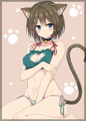 Rule 34 | 10s, 1girl, a (nanananaaannaa), animal ears, animal hands, bad id, bad twitter id, bandeau, bare arms, bare legs, bare shoulders, barefoot, beige background, bell, between legs, blue eyes, blush, border, bra, breasts, brown border, brown hair, cat cutout, cat ear panties, cat ears, cat lingerie, cat tail, cleavage, cleavage cutout, closed mouth, clothing cutout, collarbone, covered erect nipples, covering crotch, covering privates, eyebrows, frown, green bra, green panties, hair ornament, hand between legs, hip focus, holding own arm, jingle bell, kantai collection, kemonomimi mode, looking at viewer, maya (kancolle), maya kai ni (kancolle), meme attire, navel, panties, red ribbon, ribbon, short hair, side-tie panties, simple background, sitting, solo, stomach, tail, thighs, tsurime, underwear, underwear only, wariza, x hair ornament