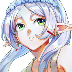 Rule 34 | 1girl, absurdres, earrings, elf, flower, flower hairband, frieren, green eyes, grey hair, highres, jewelry, long hair, looking up, open mouth, parted bangs, pointy ears, simple background, solo, sousou no frieren, twintails, white background, you nf