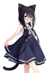 Rule 34 | 1girl, :d, animal ears, bare arms, bare shoulders, black-framed eyewear, black dress, black hair, brown eyes, cat ears, cat girl, cat hair ornament, cat tail, dress, glasses, hair ornament, highres, long hair, low twintails, open mouth, original, sailor collar, sailor dress, simple background, sleeveless, sleeveless dress, smile, solo, tail, tokuno yuika, twintails, very long hair, white background, white sailor collar