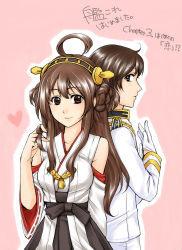 Rule 34 | 10s, 1boy, 1girl, admiral (kancolle), ahoge, bare shoulders, brown hair, comic, detached sleeves, double bun, hair ornament, twirling hair, hairband, highres, japanese clothes, kantai collection, kongou (kancolle), long hair, looking at viewer, miyuika, nontraditional miko, personification, playing with own hair, smile