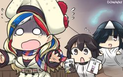 Rule 34 | 10s, 3girls, animalization, bear, beauty and the beast, belt, beret, black hair, blonde hair, blue eyes, blue hair, brown eyes, cat, chasing, commandant teste (kancolle), commentary, double-breasted, ghost, hair over one eye, hamu koutarou, hat, hayashimo (kancolle), hayasui (kancolle), highres, hitodama, jacket, japanese clothes, kantai collection, kimono, kumano (kancolle), long hair, manga (object), multicolored hair, multiple girls, o o, plaid, plaid scarf, pom pom (clothes), puss in boots, red hair, running, scarf, short hair, streaked hair, suzuya (kancolle), tama (kancolle), tears, translated, triangular headpiece, white hair, white jacket