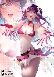Rule 34 | 1girl, bare shoulders, blush, breasts, cleavage, collarbone, hair ornament, highres, hoshino ai (oshi no ko), large breasts, long hair, looking at viewer, miniskirt, navel, open mouth, oshi no ko, outstretched arms, pink ribbon, purple eyes, purple hair, ribbon, skirt, smile, solo, star-shaped pupils, star (symbol), star hair ornament, symbol-shaped pupils, thighs, zasshu