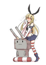 Rule 34 | 1boy, black panties, blush, breath, cum, cumdrip, full body, gender request, genderswap, humping, kantai collection, lifebuoy, male focus, mitsugi, panties, shimakaze-kun, shimakaze (kancolle), simple background, smelling, striped clothes, striped legwear, striped thighhighs, swim ring, thighhighs, thong, trap, underwear, whale tail (clothing), white background
