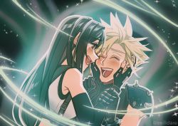 Rule 34 | 1boy, 1girl, armor, bare shoulders, black hair, blonde hair, blush, cloud strife, crop top, crying, crying with eyes open, detached sleeves, earrings, final fantasy, final fantasy vii, final fantasy vii remake, fingerless gloves, gloves, hands on another&#039;s face, happy tears, highres, jewelry, lifestream, long hair, looking at another, open mouth, seilidare, shoulder armor, sleeveless, sleeveless turtleneck, spiked hair, square enix, suspenders, sweater, tank top, tears, tifa lockhart, turtleneck, turtleneck sweater, upper body, white tank top