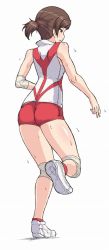 Rule 34 | 10s, 1girl, ass, brown eyes, brown hair, commentary, elbow pads, facing away, from behind, girls und panzer, hair tie, highres, kawanishi shinobu, knee pads, leg up, muchabou, parted lips, red shirt, red shorts, red socks, shirt, shoes, short hair, short ponytail, short shorts, short socks, shorts, simple background, sleeveless, sleeveless shirt, sneakers, socks, solo, sportswear, standing, standing on one leg, sweat, volleyball uniform, water drop, white background, white footwear
