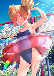 Rule 34 | 1girl, aisaka taiga, armpits, bare shoulders, blue one-piece swimsuit, blush, breasts, brown hair, cameltoe, cherry blossoms, cloud, competition school swimsuit, double bun, fence, hair between eyes, hair bun, highres, innertube, lens flare, looking at viewer, one-piece swimsuit, patreon username, pool ladder, school, school swimsuit, small breasts, solo, swim ring, swimsuit, sydus, toradora!