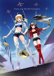 Rule 34 | 2girls, :d, ahoge, aircraft, airplane, artoria pendragon (all), artoria pendragon (fate), belt, black choker, black hair, black shorts, blonde hair, blue belt, blue choker, blue eyes, blue shirt, blue shorts, blue sky, boots, bow, breasts, choker, closed mouth, cloud, crop top, cropped jacket, crossed legs, dated, day, dual wielding, english text, excalibur (fate/stay night), fate/stay night, fate (series), fence, flag, floating hair, from below, full body, green eyes, hair bow, hand on own hip, highres, holding, holding flag, jacket, kanshou &amp; bakuya (fate), long hair, looking at viewer, medium breasts, milestone celebration, multiple girls, navel, official alternate costume, open mouth, planted, planted umbrella, ponytail, race queen, racetrack, red jacket, red shirt, saber (fate), saber (type-moon racing) (fate), shirotsumekusa, shirt, short shorts, shorts, sidelocks, signature, sky, smile, stomach, teeth, thank you, thigh boots, thighhighs, tohsaka rin, two side up, umbrella, upper teeth only, watson cross, waving flag, white belt, white jacket