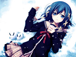 Rule 34 | blue eyes, blue hair, gotokuji akira, highres, school uniform, signal heart, skirt, snow, winter, zinno