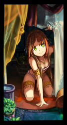 Rule 34 | 1girl, akefumi, arm support, armband, bad id, bad pixiv id, barefoot, curtains, green eyes, hairband, highres, jewelry, kneeling, leaning forward, long hair, lots of jewelry, necklace, orange hair, original, smile, solo, tribal, vest