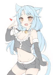 Rule 34 | 1girl, 3.14, :d, animal ears, bell, black gloves, black thighhighs, blue hair, breasts, cat ears, cat tail, choker, cleavage, contrapposto, cowboy shot, elbow gloves, fang, fingerless gloves, gloves, heart, jingle bell, low twintails, midriff, navel, neck bell, open mouth, orange eyes, original, simple background, slit pupils, small breasts, smile, solo, spoken heart, standing, tail, tank top, thighhighs, twintails, white background