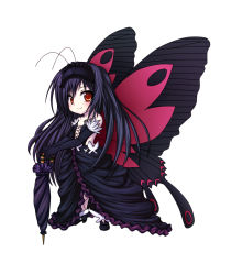 Rule 34 | 10s, 1girl, accel world, antenna hair, bare shoulders, black hair, bug, butterfly, butterfly wings, chibi, closed umbrella, dress, elbow gloves, frills, gloves, headband, highres, insect, insect wings, kuena, kuroyukihime, long hair, orange eyes, planted, planted umbrella, solo, umbrella, wings