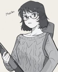Rule 34 | 1girl, character name, closed mouth, cropped torso, glasses, greyscale, greyscale with colored background, gun, holding, holding gun, holding weapon, hunting rifle, looking at viewer, medium hair, monochrome, moriko ishii, solo, standing, sweater, weapon, weapon case, world of horror, xqxbi, yellow background