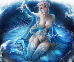 Rule 34 | 1girl, artist name, bare shoulders, blue dress, blue eyes, blue thighhighs, boots, braid, breasts, cleavage, dress, elsa (frozen), female focus, frozen (disney), garter straps, high heel boots, high heels, large breasts, long hair, navel, parted lips, patreon username, revealing clothes, sakimichan, signature, silver hair, sitting, snowflakes, solo, thigh boots, thighhighs, watermark, web address