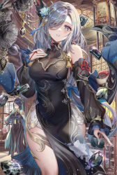 Rule 34 | 2girls, aqua nails, bare shoulders, black dress, blue eyes, breasts, detached sleeves, dress, genshin impact, grey hair, hair ornament, hand on own chest, highres, large breasts, long hair, long sleeves, looking at viewer, multiple girls, official alternate costume, shenhe (frostflower dew) (genshin impact), shenhe (genshin impact), sleeveless, sleeveless dress, solo, standing, torino aqua, very long hair, white hair, xianyun (genshin impact)