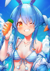 Rule 34 | 1girl, absurdres, alternate costume, animal ear fluff, animal ears, bare shoulders, bikini, blue hair, blue sky, blush, bracelet, braid, breasts, carrot, carrot hair ornament, cloud, collared shirt, food-themed hair ornament, front-tie top, grin, hair between eyes, hair ornament, halterneck, highres, hololive, jewelry, kutar22, lips, long braid, long hair, looking at viewer, necklace, off shoulder, one eye closed, orange eyes, rabbit-shaped pupils, rabbit ears, shirt, short sleeves, sky, small breasts, smile, solo, striped bikini, striped clothes, swimsuit, symbol-shaped pupils, thick eyebrows, twin braids, upper body, usada pekora, virtual youtuber, white hair