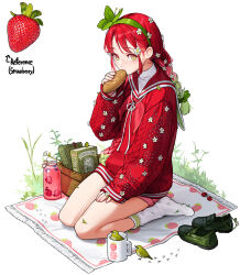 Rule 34 | 1girl, bare legs, basket, book, bottle, bread, butterfly hair ornament, eating, flower, food, footprints, fruit, gradient hair, grass, green hair, green hairband, hair ornament, hairband, highres, jacket, leaf, long hair, looking at viewer, multicolored hair, neckerchief, original, personification, pink hair, pink shorts, plant, red hair, red jacket, red neckerchief, red sailor collar, rinotuna, sailor collar, shadow, shorts, socks, solo, strawberry, white flower, white socks, yellow eyes