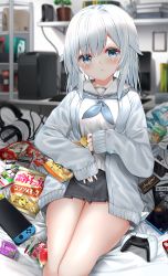 1girl, :o, absurdres, bag of chips, black skirt, blue eyes, blue jacket, blue neckwear, blurry, blurry background, blush, breasts, cellphone, cellphone charm, chips, computer, controller, cup ramen, depth of field, feet out of frame, food, food on face, game controller, headphones, headphones removed, highres, holding, holding food, indoors, jacket, keyboard (computer), long hair, long sleeves, looking at viewer, medium breasts, monitor, neckerchief, neku (neku draw), nintendo switch, open clothes, open jacket, original, parted lips, phone, plant, pleated skirt, potato chips, potted plant, sailor collar, school uniform, serafuku, shelf, shirt, sitting, skirt, sleeves past wrists, solo, white hair, white sailor collar, white shirt