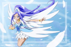 Rule 34 | 1girl, alternate costume, angel wings, asymmetrical clothes, blue background, blue dress, blue eyes, blue hair, blue skirt, blue theme, boots, bow, bracelet, brooch, choker, cure diamond, curly hair, diamond (shape), dokidoki! precure, dress, earrings, feathered wings, feathers, heart, heart brooch, hishikawa rikka, jewelry, long hair, looking at viewer, magical girl, matching hair/eyes, moritakusan, ponytail, precure, ribbon, shoes, skirt, smile, solo, wings