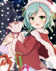 Rule 34 | 1girl, :d, bang dream!, blurry, blurry foreground, blush, box, braid, cape, christmas, christmas ornaments, christmas tree, commentary request, depth of field, dress, fang, fur-trimmed cape, fur-trimmed dress, fur-trimmed headwear, fur-trimmed sleeves, fur trim, gift, gift box, green eyes, green hair, hat, hikawa hina, holding, holding sack, long sleeves, looking at viewer, looking to the side, open mouth, red cape, red dress, red hat, sack, santa costume, santa hat, smile, snowflakes, solo, sonosakiburi, swept bangs, twin braids, upper body, wide sleeves