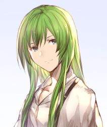 Rule 34 | 1other, aqua eyes, closed mouth, collarbone, enkidu (fate), fate/strange fake, fate (series), gradient background, green hair, hair between eyes, mirei kh13, smile, solo, straight hair, upper body