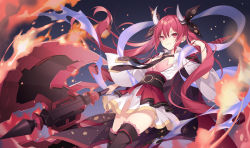 Rule 34 | 1girl, axe, blush, breasts, cleavage, commentary request, cowboy shot, date a live, demon horns, dress, fire, holding, holding weapon, horns, itsuka kotori, long hair, looking at viewer, medium breasts, no panties, oversized object, red eyes, red hair, rie (reverie), smile, solo, thighhighs, twintails, weapon, zettai ryouiki
