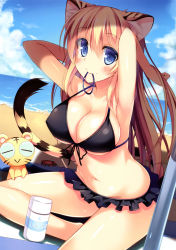 Rule 34 | 1girl, absurdres, adjusting hair, animal ears, armpits, arms behind head, arms up, beach, bikini, black bikini, blonde hair, blue eyes, blush, breasts, cat ears, cat girl, cat tail, cleavage, day, covered erect nipples, female focus, frilled bikini, frills, front-tie bikini top, front-tie top, highres, kotora (toranoana), large breasts, long hair, looking at viewer, mouth hold, navel, nozomi tsubame, ocean, outdoors, sand, sitting, smile, solo, swimsuit, tail, tiger ears, tiger tail, toranoana, water