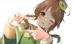 Rule 34 | 1girl, ;d, blush, brown hair, cape, dutch angle, finger frame, green cape, highres, idolmaster, idolmaster cinderella girls, looking at viewer, nekonomimi, one eye closed, open mouth, shirt, sidelocks, simple background, smile, solo, takamori aiko, upper body, viewfinder, white background, yellow shirt