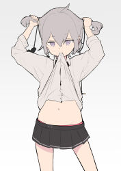 Rule 34 | 1girl, arms up, black skirt, bunching hair, clothes lift, collared shirt, commentary, dress shirt, girls&#039; frontline, grey background, grey hair, grey shirt, gz (gzdteee), hair between eyes, highres, lifting own clothes, long sleeves, m200 (girls&#039; frontline), navel, panties, pleated skirt, purple eyes, red panties, shirt, shirt lift, sidelocks, simple background, skirt, solo, twintails, underwear