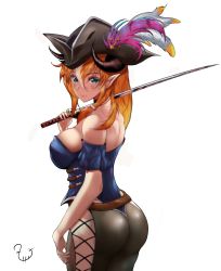 Rule 34 | 1girl, absurdres, anchor hair ornament, ass, back, bare shoulders, belt, black choker, blonde hair, blue eyes, breasts, choker, cross-laced clothes, cross-laced legwear, detached sleeves, hair ornament, hair rings, hat, hat feather, highres, holding, holding sword, holding weapon, horns, large breasts, looking at viewer, looking back, mole, mole under mouth, multicolored hair, orange hair, original, pirate, pirate hat, pointy ears, sideboob, signature, simple background, solo, streaked hair, sword, t3x, weapon, white background, white hair