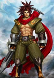 Rule 34 | 1boy, artist request, blazblue, blazblue alternative: dark war, brown eyes, brown hair, detached sleeves, gauntlets, highres, looking at viewer, male focus, muscular, muscular male, nail, ninja, official art, ponytail, scar, scar on face, serious, shishigami bang, solo, tall, third-party source, weapon