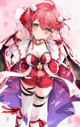 Rule 34 | 1girl, ahoge, bell, black choker, blush, breasts, capelet, cat hair ornament, cherry blossom print, choker, claw pose, cleavage, floral print, frilled capelet, frills, green eyes, hair between eyes, hair ornament, highres, hololive, hood, hood down, hooded capelet, looking at viewer, medium breasts, midriff, navel, neck bell, official alternate costume, pink hair, pom pom (clothes), pom pom hair ornament, red shorts, ribbon-trimmed sleeves, ribbon trim, sakura miko, sakura miko (work), shorts, smile, solo, soraneko hino, tail, teeth, thigh strap, thighhighs, twitter username, virtual youtuber, white capelet, white thighhighs, wrist cuffs