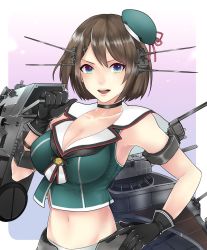 Rule 34 | 10s, 1girl, bad id, bad pixiv id, black gloves, blue eyes, breasts, brown hair, choker, cleavage, female focus, gloves, headgear, hoshino (cona), kantai collection, large breasts, looking at viewer, maya (kancolle), maya kai ni (kancolle), midriff, navel, open mouth, short hair, smile, solo