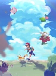 Rule 34 | 1boy, :d, abe (kumayu), ash ketchum, backpack, bag, baseball cap, cloud, commentary request, creatures (company), day, fingerless gloves, flabebe, flabebe (red flower), foongus, game freak, gen 1 pokemon, gen 2 pokemon, gen 4 pokemon, gen 5 pokemon, gen 6 pokemon, gloves, grass, hat, highres, ho-oh, hoppip, jacket, jigglypuff, legendary pokemon, male focus, nintendo, open clothes, open jacket, open mouth, outdoors, pikachu, pokemon, pokemon (anime), pokemon (creature), pokemon journeys, red headwear, running, shirt, shoes, short sleeves, shorts, skiploom, sky, sleeveless, sleeveless jacket, smile, standing, starly, t-shirt, white shirt