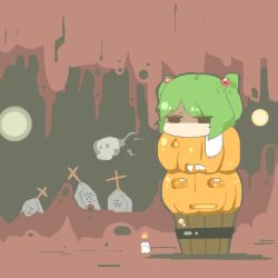 Rule 34 | 1girl, black eyes, bucket, candle, cross, female focus, green hair, hair bobbles, hair ornament, inishie, jack-o&#039;-lantern, kisume, lowres, short hair, skull, solo, tombstone, touhou, twintails