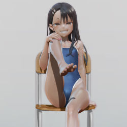 Rule 34 | 1girl, 3d, arm support, artist request, barefoot, black hair, blue one-piece swimsuit, blush, brown eyes, cameltoe, chair, curvy, earclip, feet, flat chest, foot focus, hair ornament, hairclip, hand on own knee, highres, ijiranaide nagatoro-san, leg up, leslyzerosix, looking at viewer, model, nagatoro hayase, nail polish, naughty face, one-piece swimsuit, original, pink nails, simple background, sitting, solo, swimsuit, teeth, toes, white background